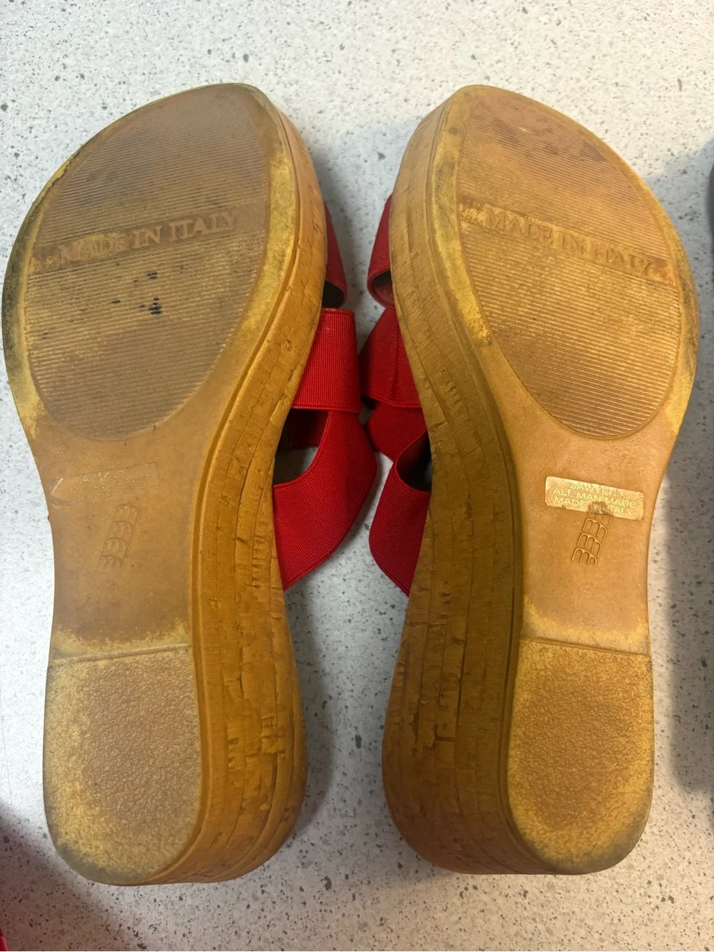 Italian Shoemaker Red Wedge Slide Sandals with Brown Footbed